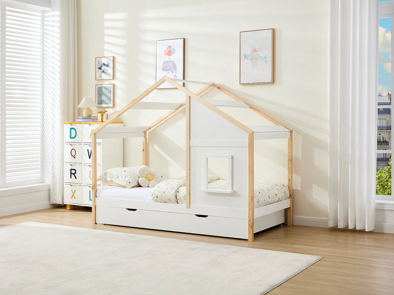 Lit cabane 90 x 190 cm avec tiroir - Pin et MDF - Coloris : Blanc et naturel - RINELYA