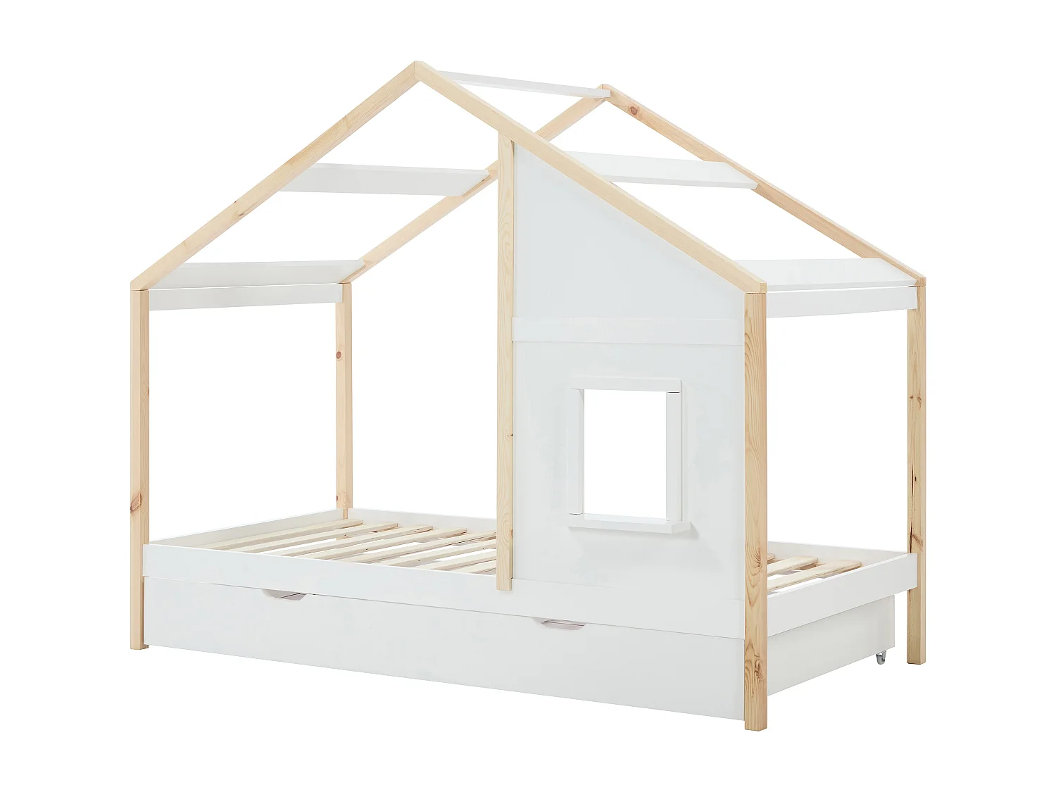 Lit cabane 90 x 190 cm avec tiroir - Pin et MDF - Coloris : Blanc et naturel - RINELYA