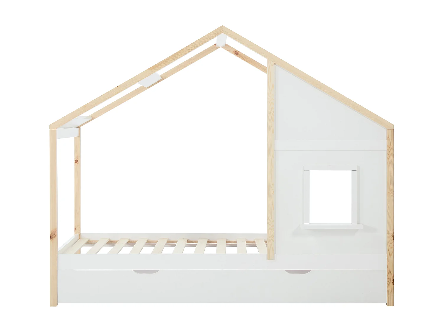 Lit cabane 90 x 190 cm avec tiroir - Pin et MDF - Coloris : Blanc et naturel - RINELYA