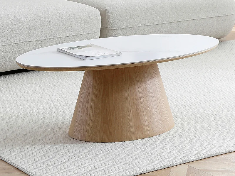 Table basse en céramique et placage chêne - Effet marbre blanc et naturel clair - ANTELADA