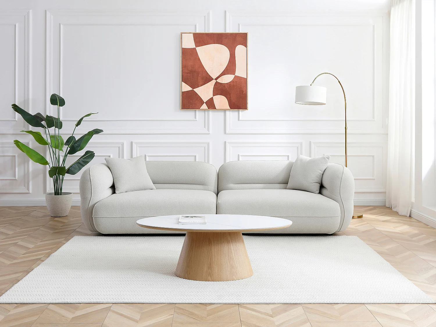 Table basse en céramique et placage chêne - Effet marbre blanc et naturel clair - ANTELADA