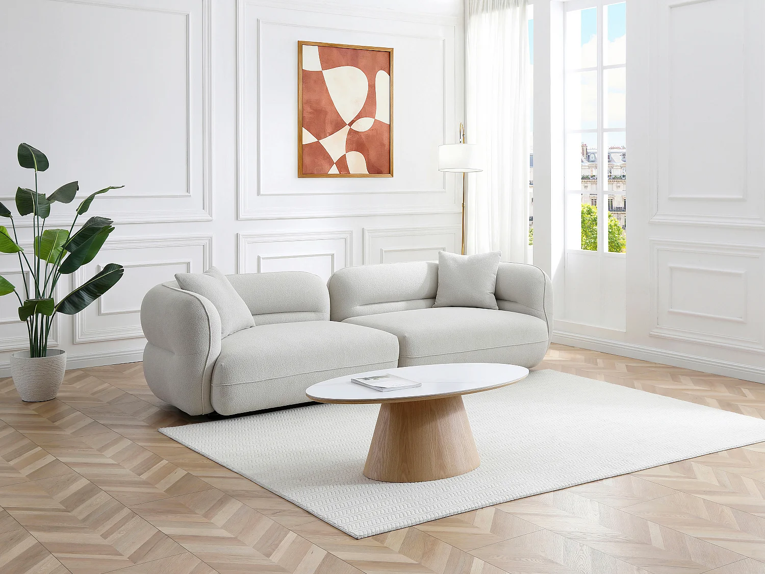 Tavolino in ceramica e quercia Effetto marmo bianco e naturale chiaro - ANTELADA