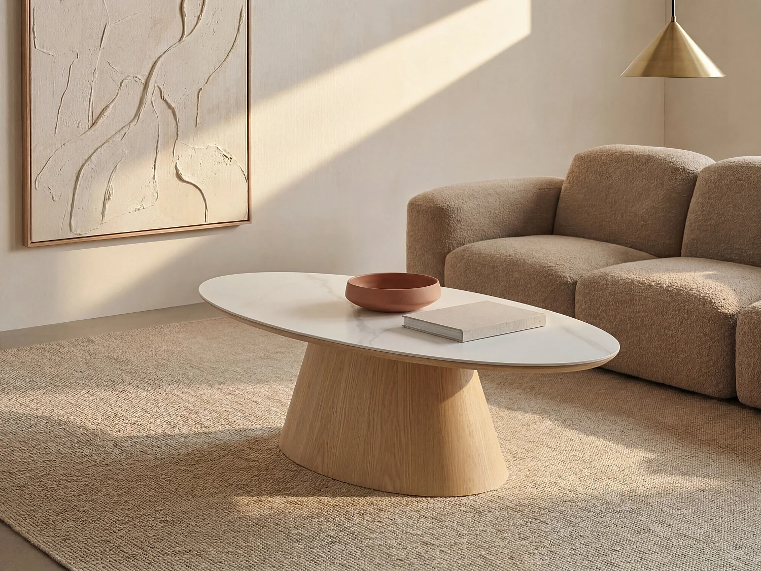 Ceramic and Oak Veneer Coffee Table - White Marble Effect and Light Natural - ANTELADA
