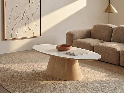 Salontafel van keramiek en eikenfineer - Wit marmer effect en licht natuurlijk - ANTELADA