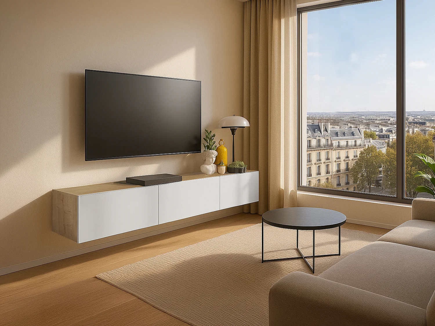 Meuble TV suspendu avec 3 portes - Blanc et Naturel clair - VIKILA