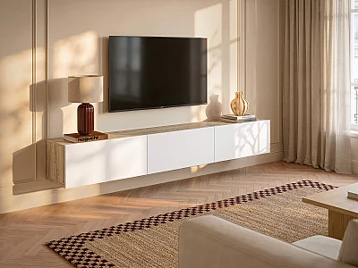 Meuble TV suspendu avec 3 portes - Blanc et Naturel clair - VIKILA