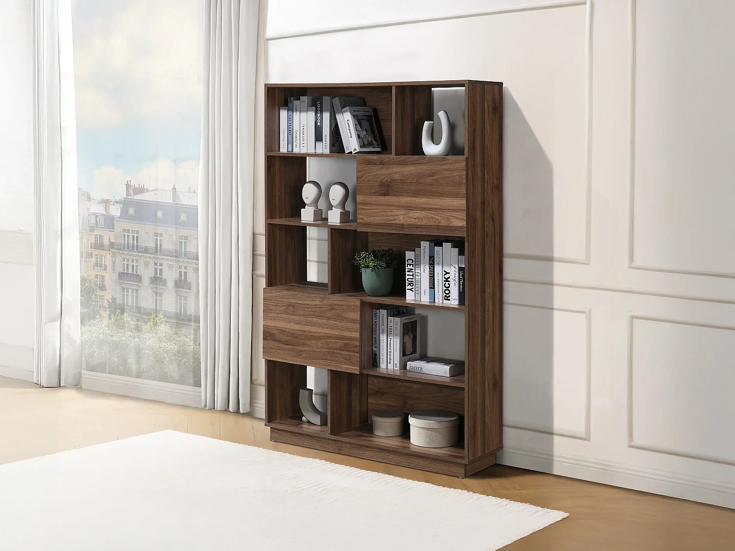 Bibliothèque avec 2 portes et 8 niches - Naturel foncé - CEVANIA