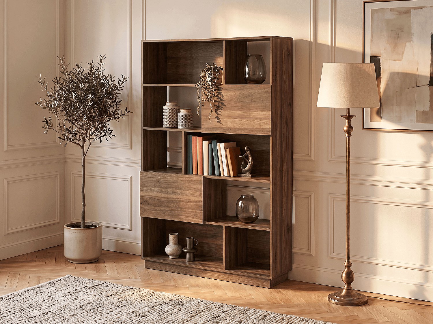 Bücherregal mit 2 Türen & 8 Fächern - Holzfarben dunkel - CEVANIA