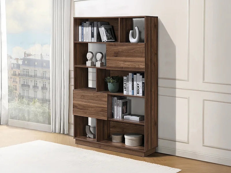 Bibliothèque avec 2 portes et 8 niches - Naturel foncé - CEVANIA