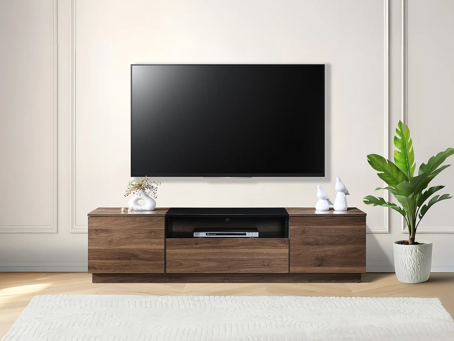 Meuble TV avec 2 portes, 1 tiroir et 1 niche - Naturel foncé et Noir - CEMILINA