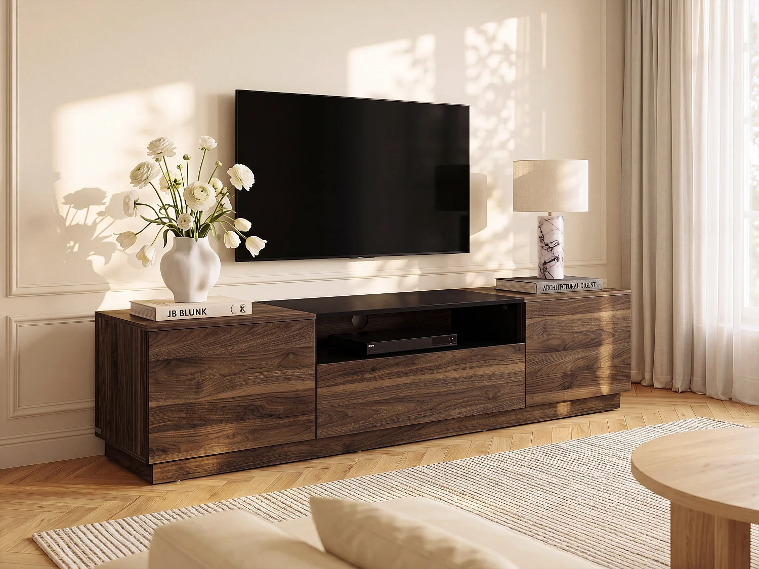 Meuble TV avec 2 portes, 1 tiroir et 1 niche - Naturel foncé et Noir - CEMILINA