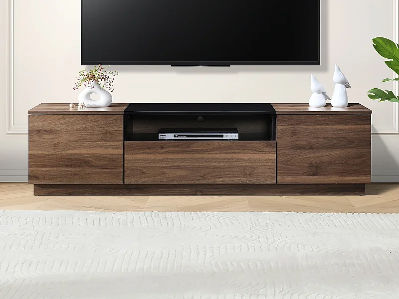 Meuble TV avec 2 portes, 1 tiroir et 1 niche - Naturel foncé et Noir - CEMILINA