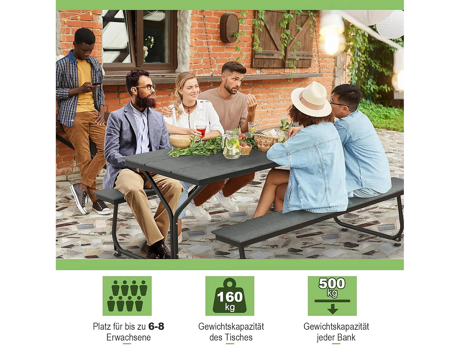 Biertentgarnituur, 183 cm, biertafelgarnituur, biertafel met HDPE-tafelblad, parasolgat, feesttentgarnituur, zitgarnituur voor tuin, terras, erf, grijs ZB33314