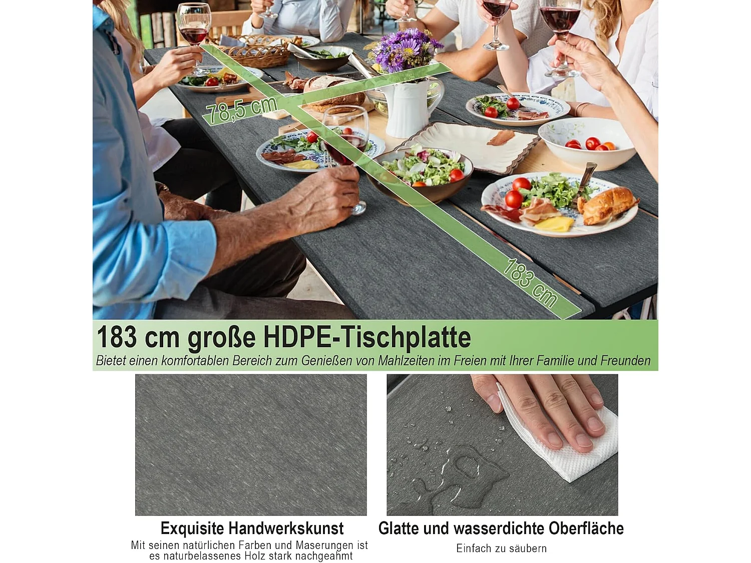 Biertentgarnituur, 183 cm, biertafelgarnituur, biertafel met HDPE-tafelblad, parasolgat, feesttentgarnituur, zitgarnituur voor tuin, terras, erf, grijs ZB33314