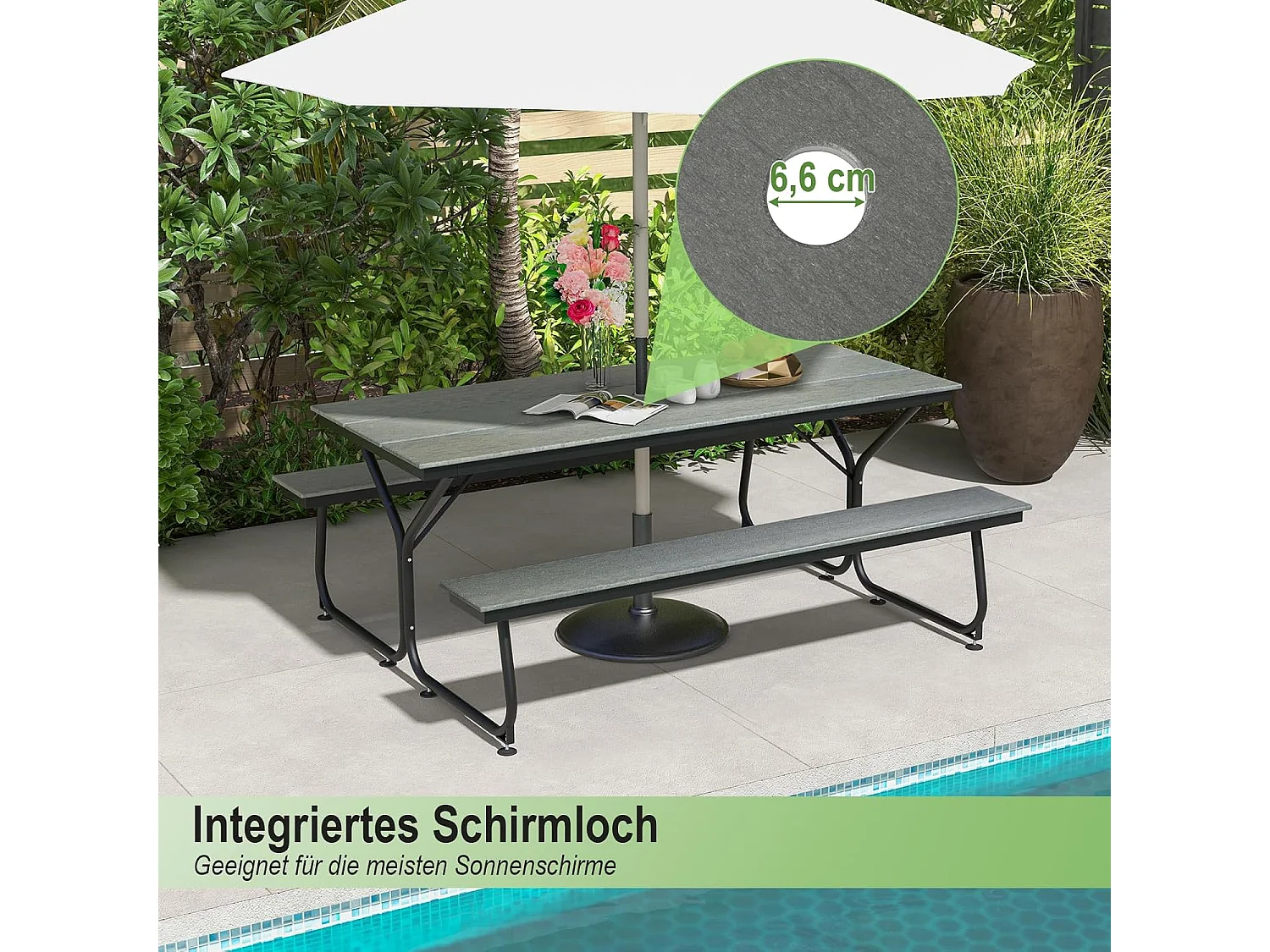 Biertentgarnituur, 183 cm, biertafelgarnituur, biertafel met HDPE-tafelblad, parasolgat, feesttentgarnituur, zitgarnituur voor tuin, terras, erf, grijs ZB33314