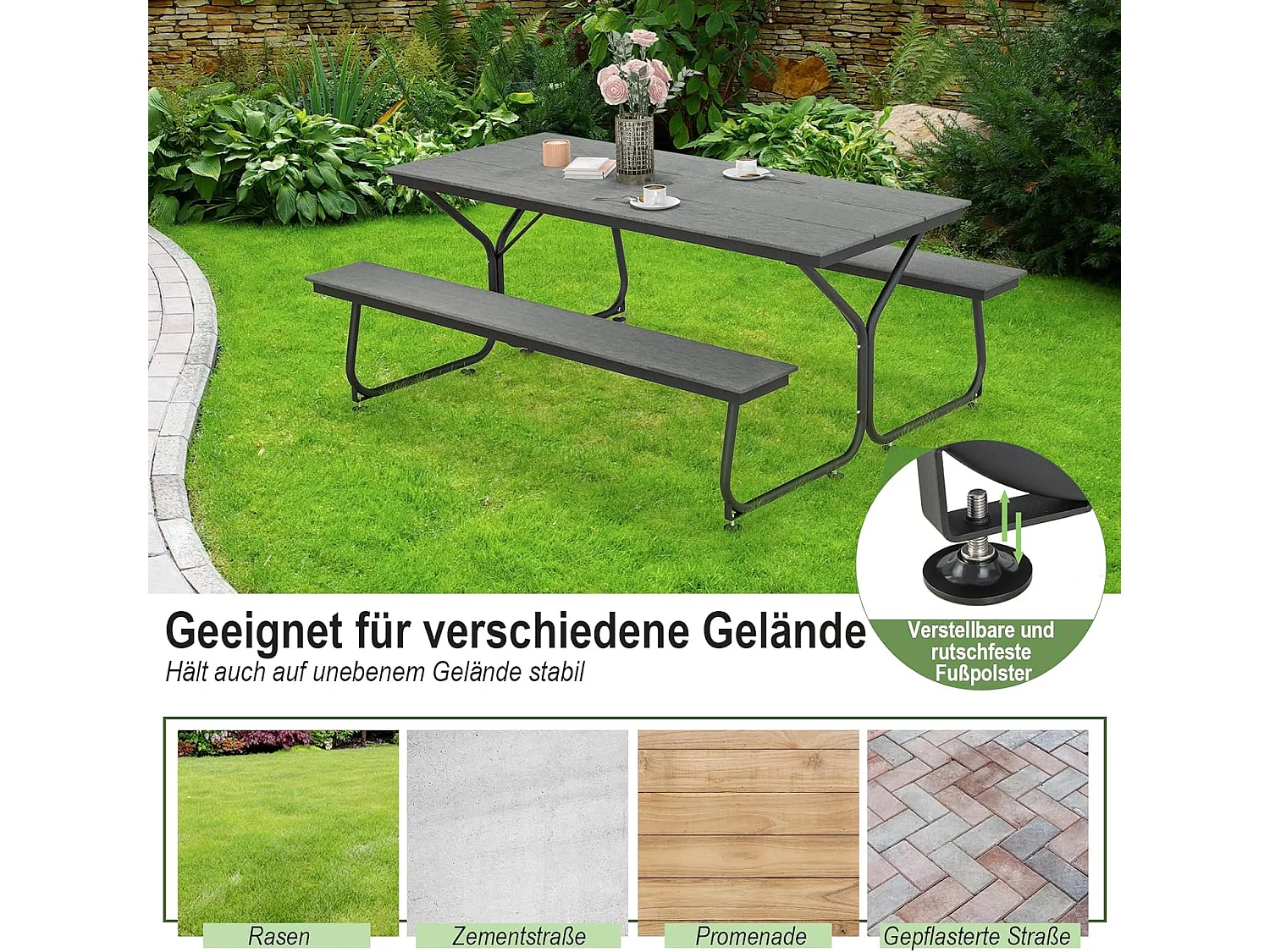 Biertentgarnituur, 183 cm, biertafelgarnituur, biertafel met HDPE-tafelblad, parasolgat, feesttentgarnituur, zitgarnituur voor tuin, terras, erf, grijs ZB33314