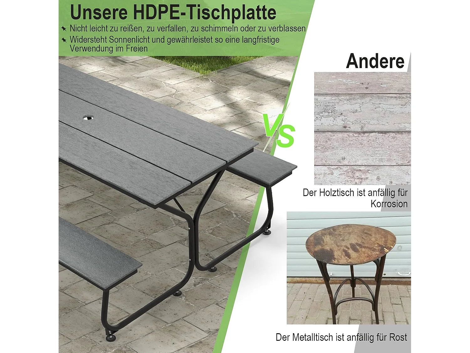 Biertentgarnituur, 183 cm, biertafelgarnituur, biertafel met HDPE-tafelblad, parasolgat, feesttentgarnituur, zitgarnituur voor tuin, terras, erf, grijs ZB33314