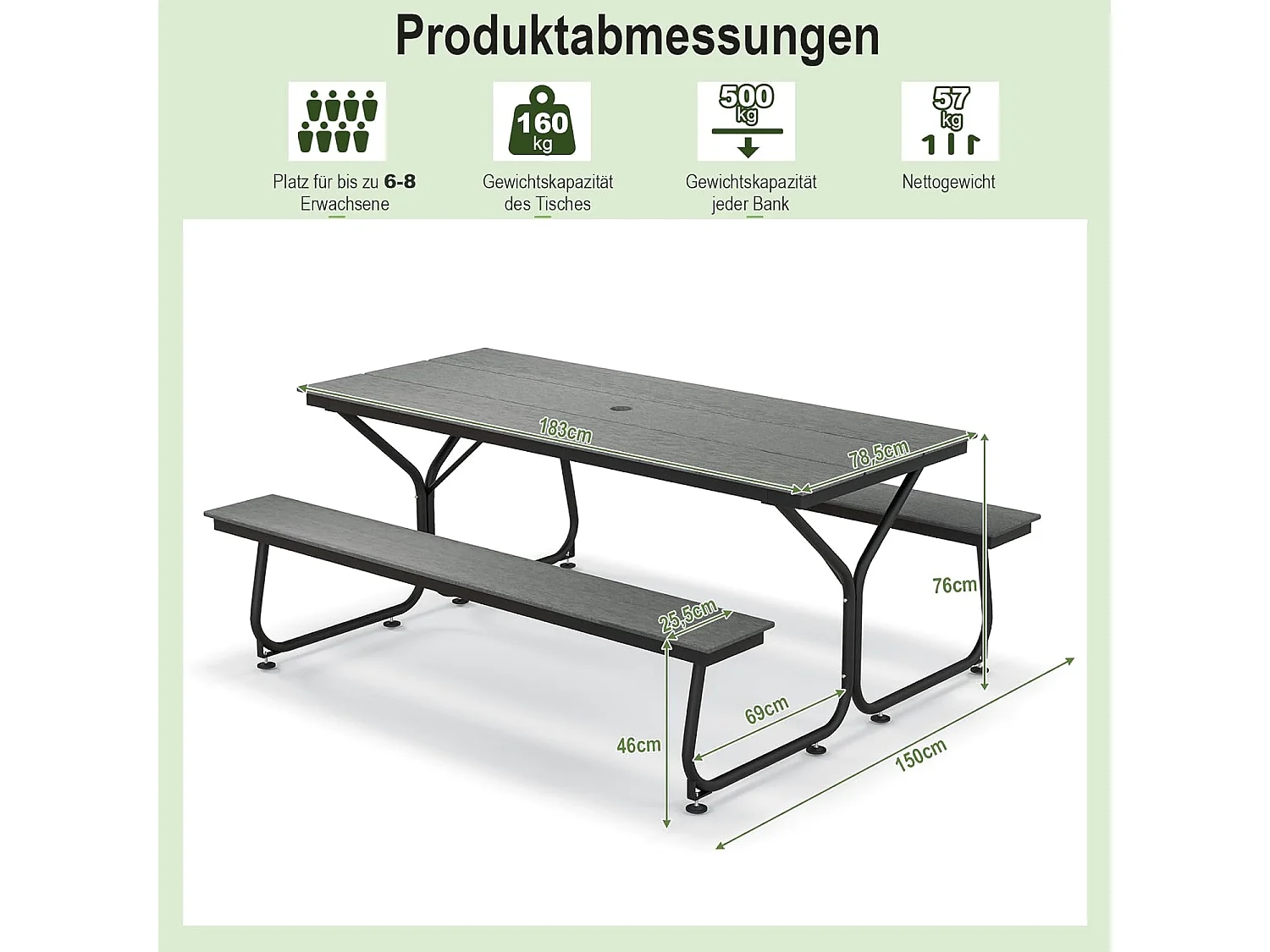 Biertentgarnituur, 183 cm, biertafelgarnituur, biertafel met HDPE-tafelblad, parasolgat, feesttentgarnituur, zitgarnituur voor tuin, terras, erf, grijs ZB33314