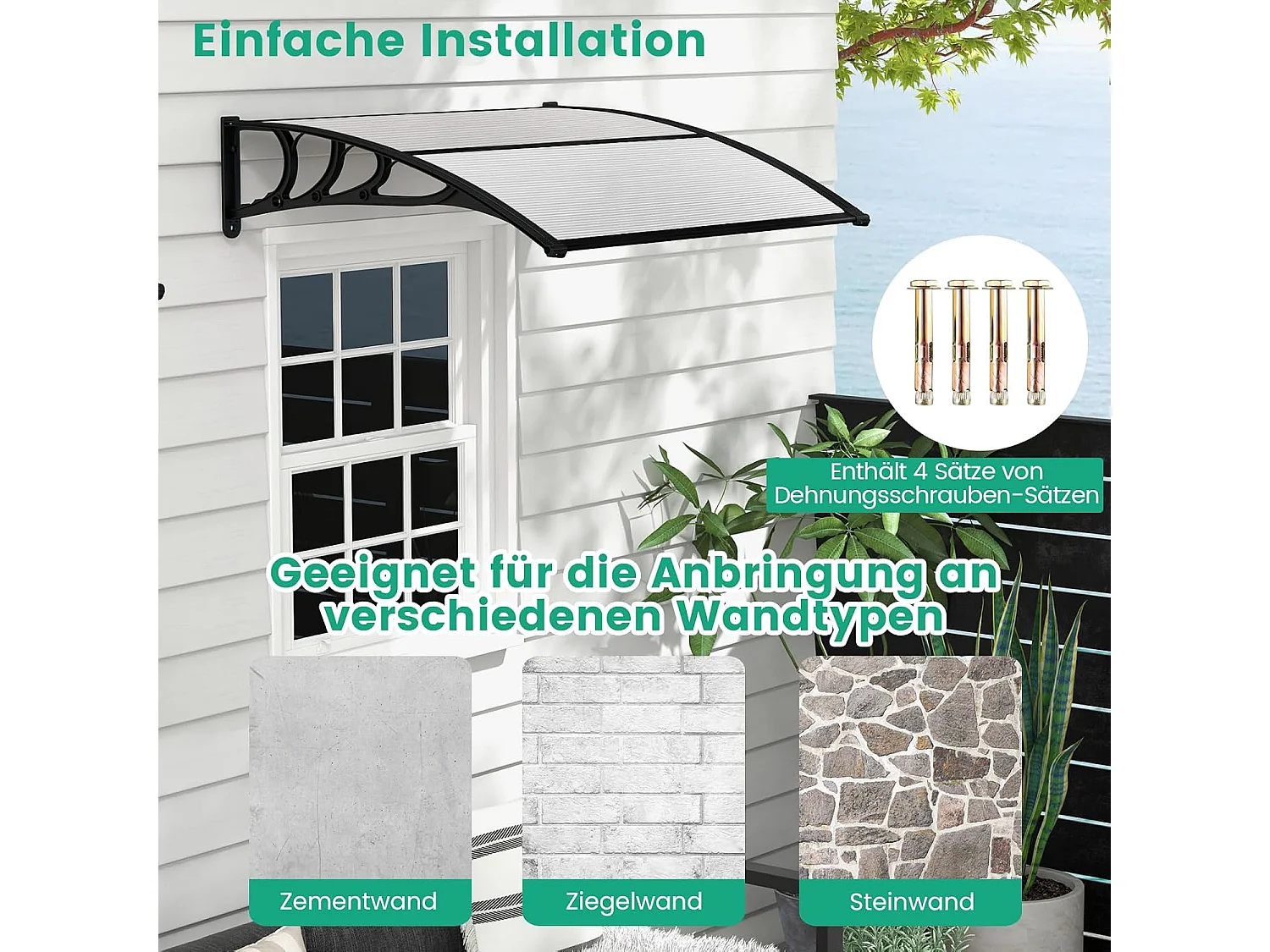 Luifel voor voordeur, overkapping van aluminium en polycarbonaat, boogluifel, deurluifel, afdak voor huisdeur, deurluifel voor entree, 122 x 99 cm ZB33441