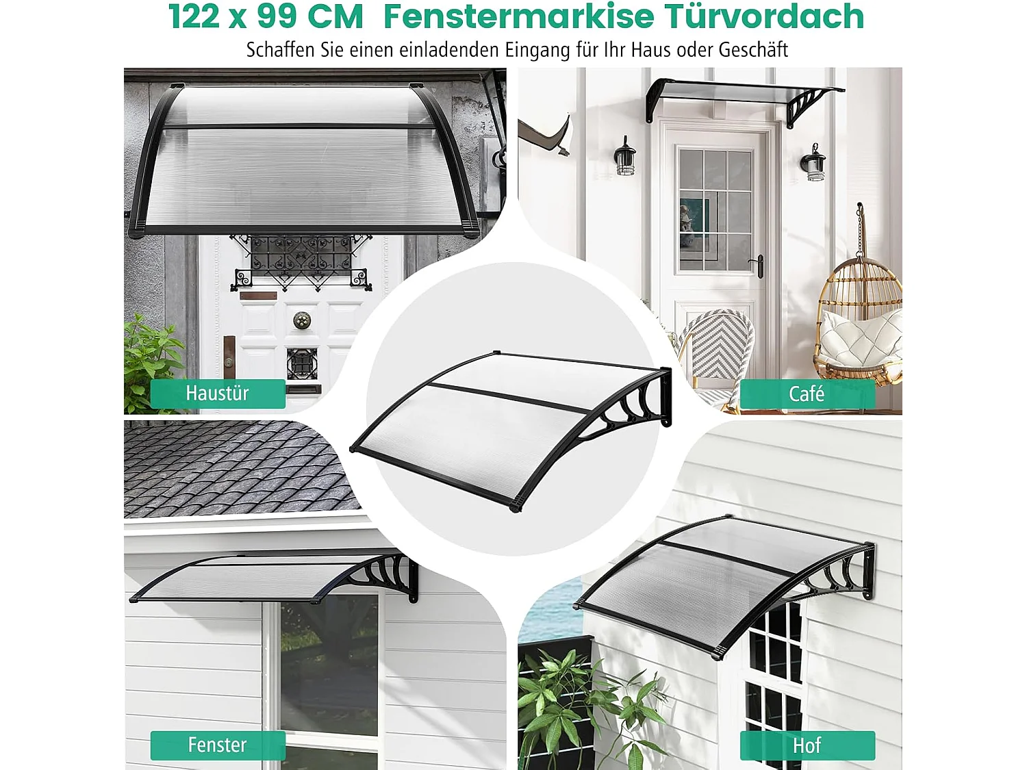 Luifel voor voordeur, overkapping van aluminium en polycarbonaat, boogluifel, deurluifel, afdak voor huisdeur, deurluifel voor entree, 122 x 99 cm ZB33441