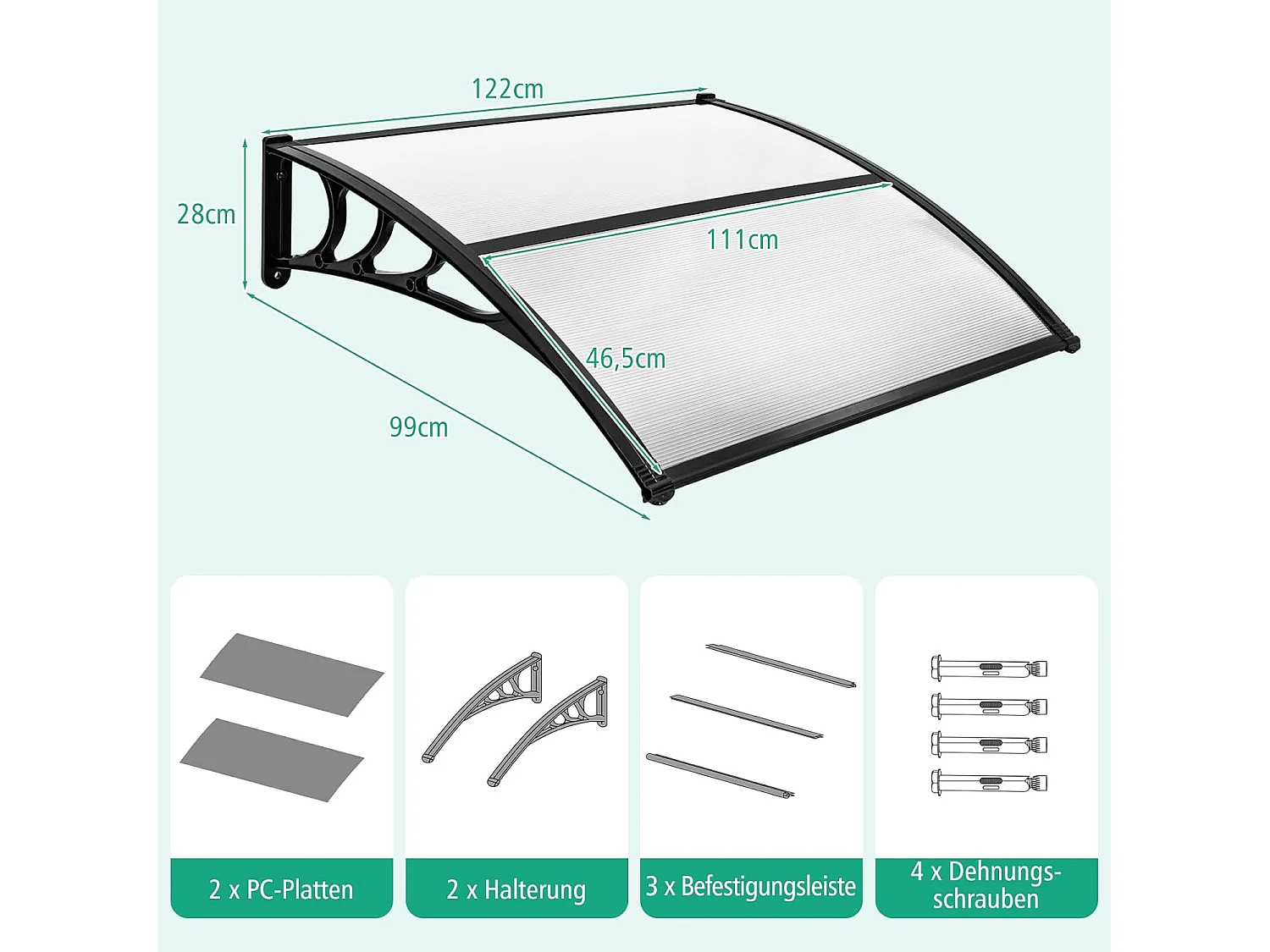 Luifel voor voordeur, overkapping van aluminium en polycarbonaat, boogluifel, deurluifel, afdak voor huisdeur, deurluifel voor entree, 122 x 99 cm ZB33441