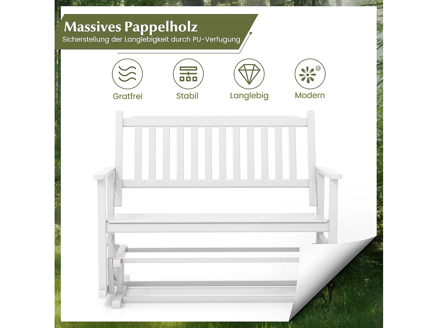 Tuinbank met zachte glijbeweging, weerbestendige schommelbank, 2-zits houten bank, terrasbank, zitbank voor balkon, tuin, terras, 126 x 68 x 100