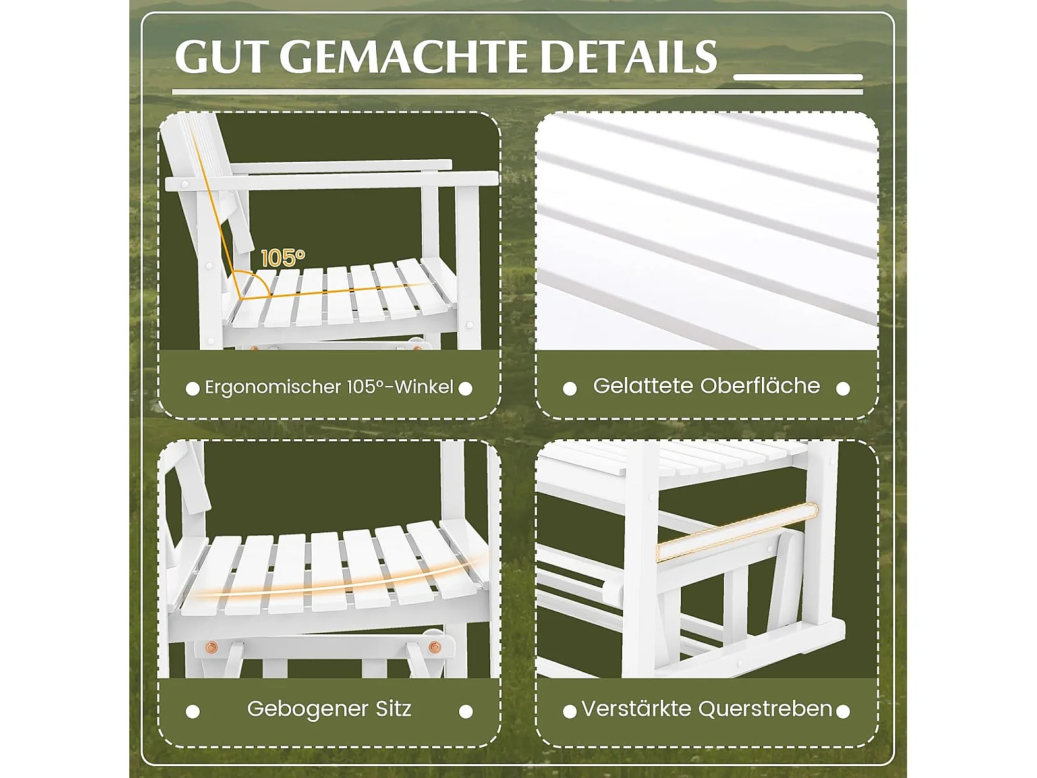 Tuinbank met zachte glijbeweging, weerbestendige schommelbank, 2-zits houten bank, terrasbank, zitbank voor balkon, tuin, terras, 126 x 68 x 100