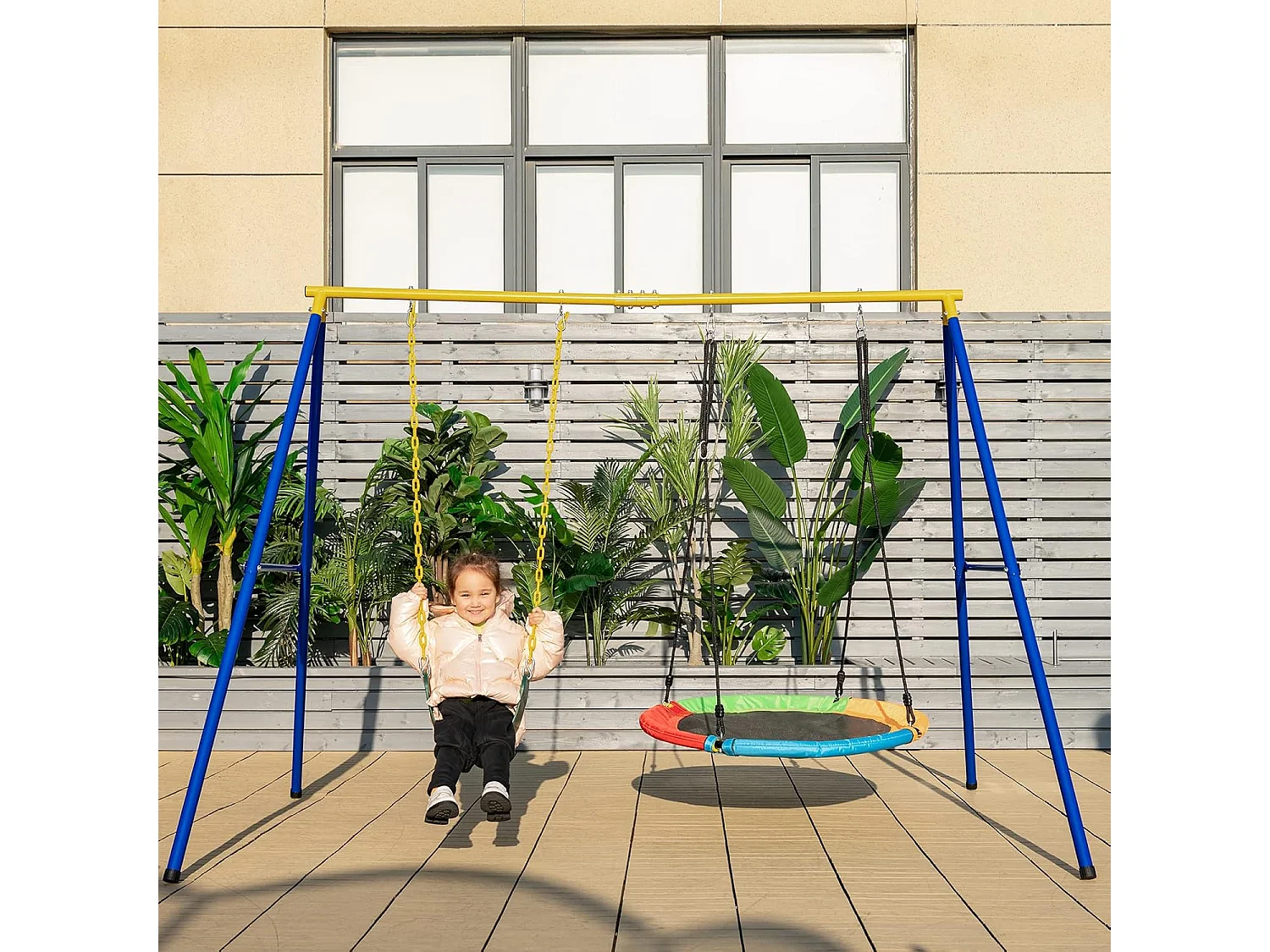 Dubbele schommel met frame, outdoor schommel voor kinderen, schommelframe met kinderschommel en nestschommel, schommelframe(2 schommels met frame) ZB33567