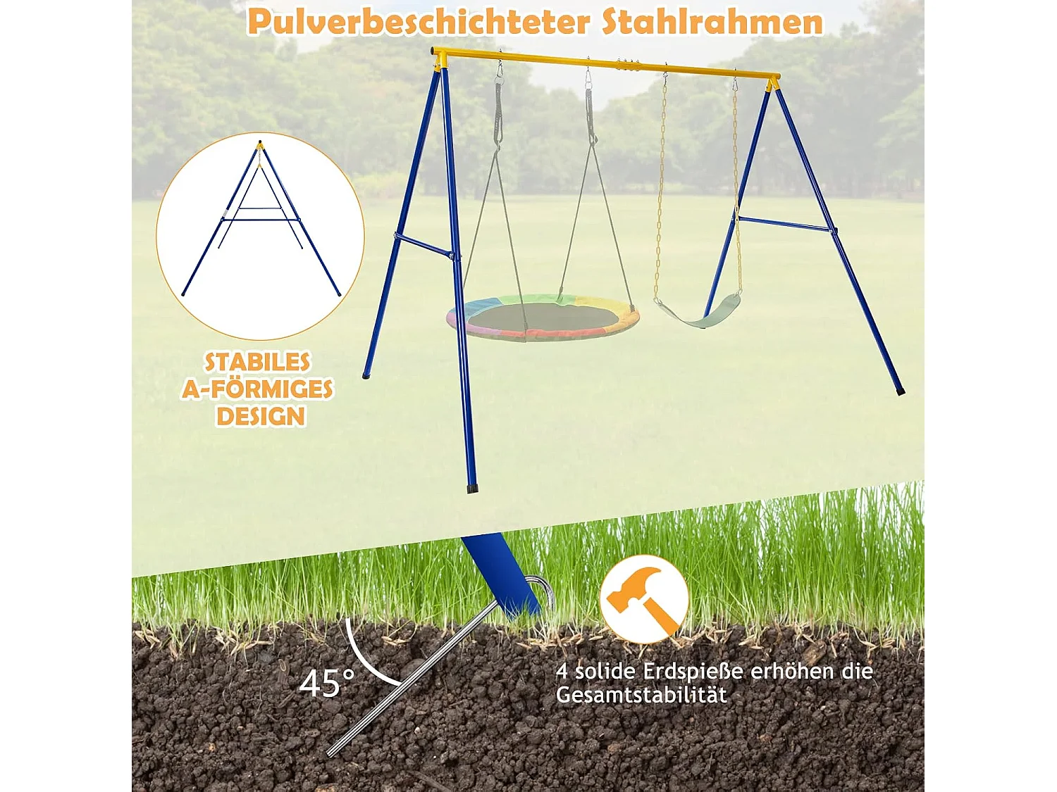 Dubbele schommel met frame, outdoor schommel voor kinderen, schommelframe met kinderschommel en nestschommel, schommelframe(2 schommels met frame) ZB33567
