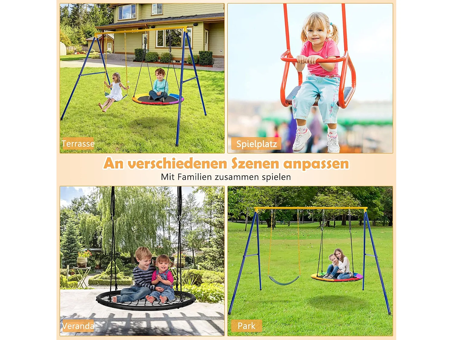 Dubbele schommel met frame, outdoor schommel voor kinderen, schommelframe met kinderschommel en nestschommel, schommelframe(2 schommels met frame) ZB33567