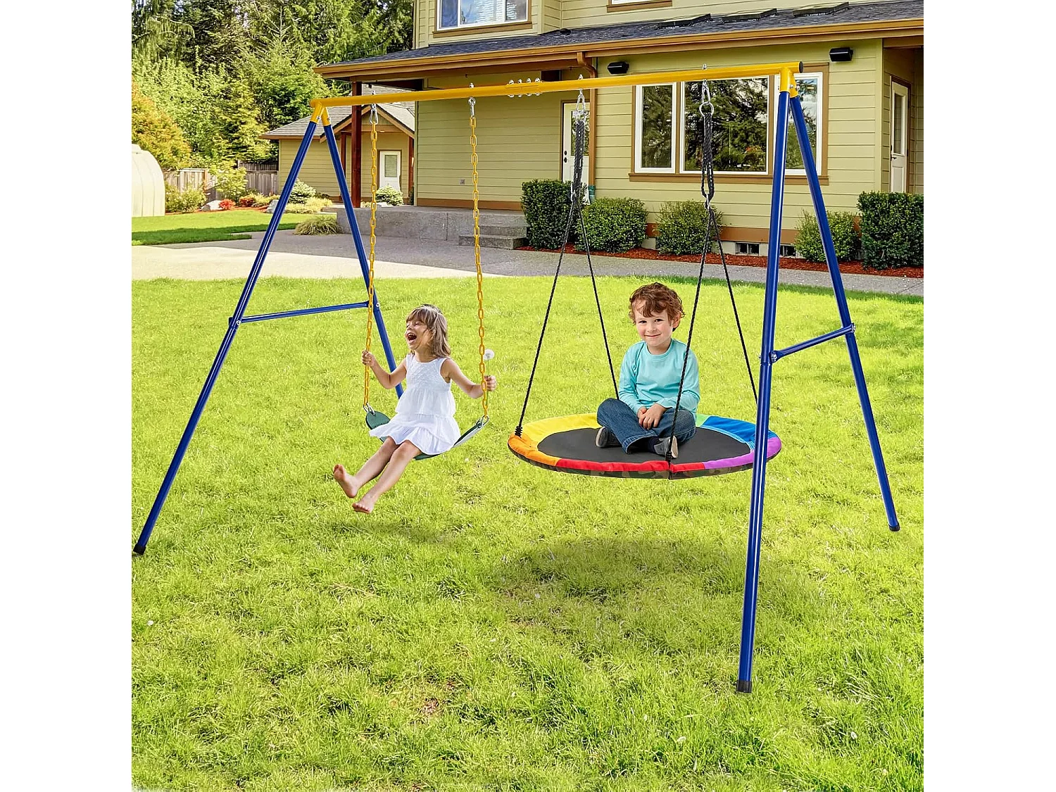 Dubbele schommel met frame, outdoor schommel voor kinderen, schommelframe met kinderschommel en nestschommel, schommelframe(2 schommels met frame) ZB33567