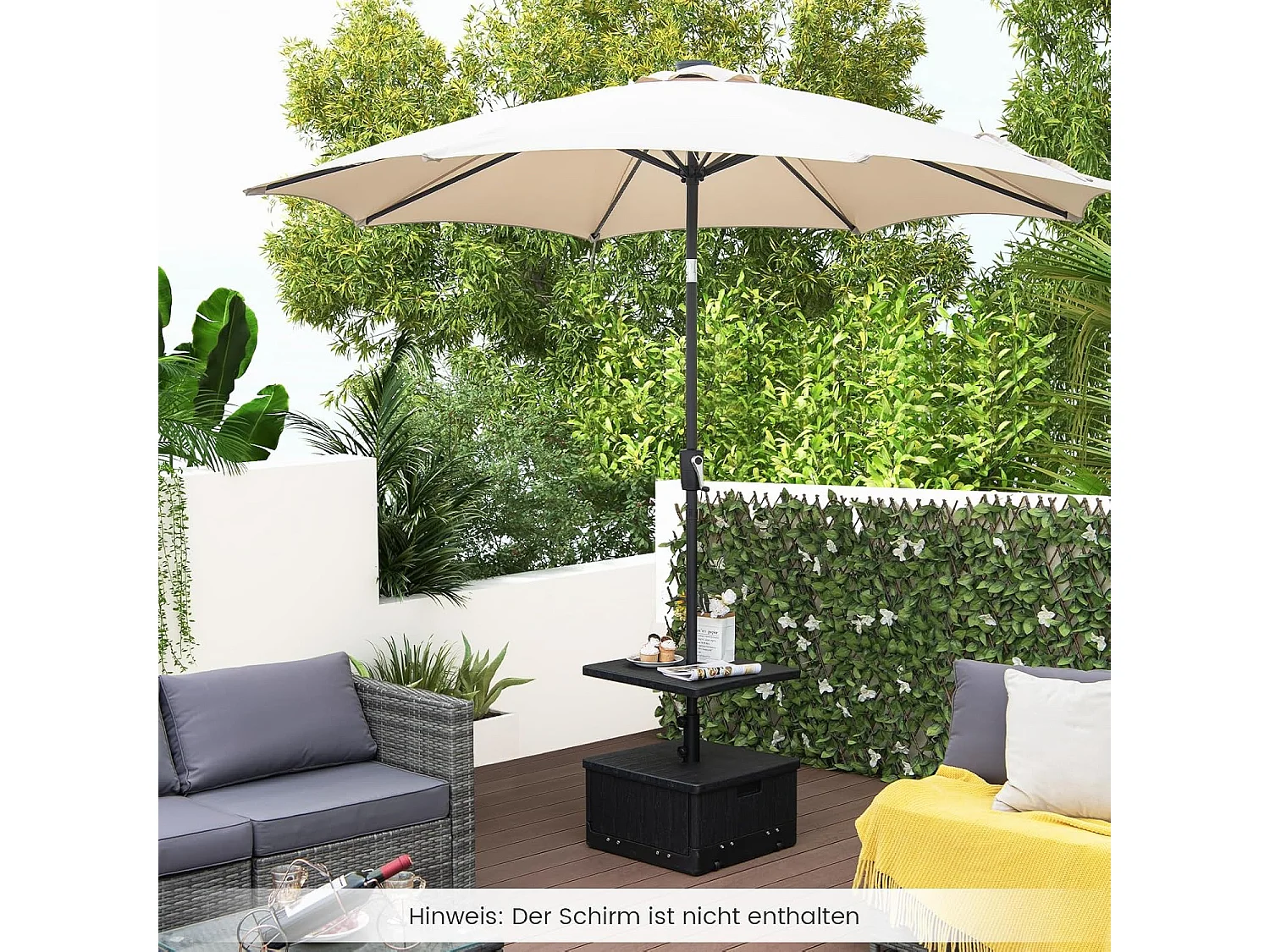 3-in-1 parasolstandaard, bijzettafel/plantenbak met tafelblad, wielen, handvat en verzwaarde tas, 45 liter/67 kg, vulbaar met water of zand, voor tuin, terras