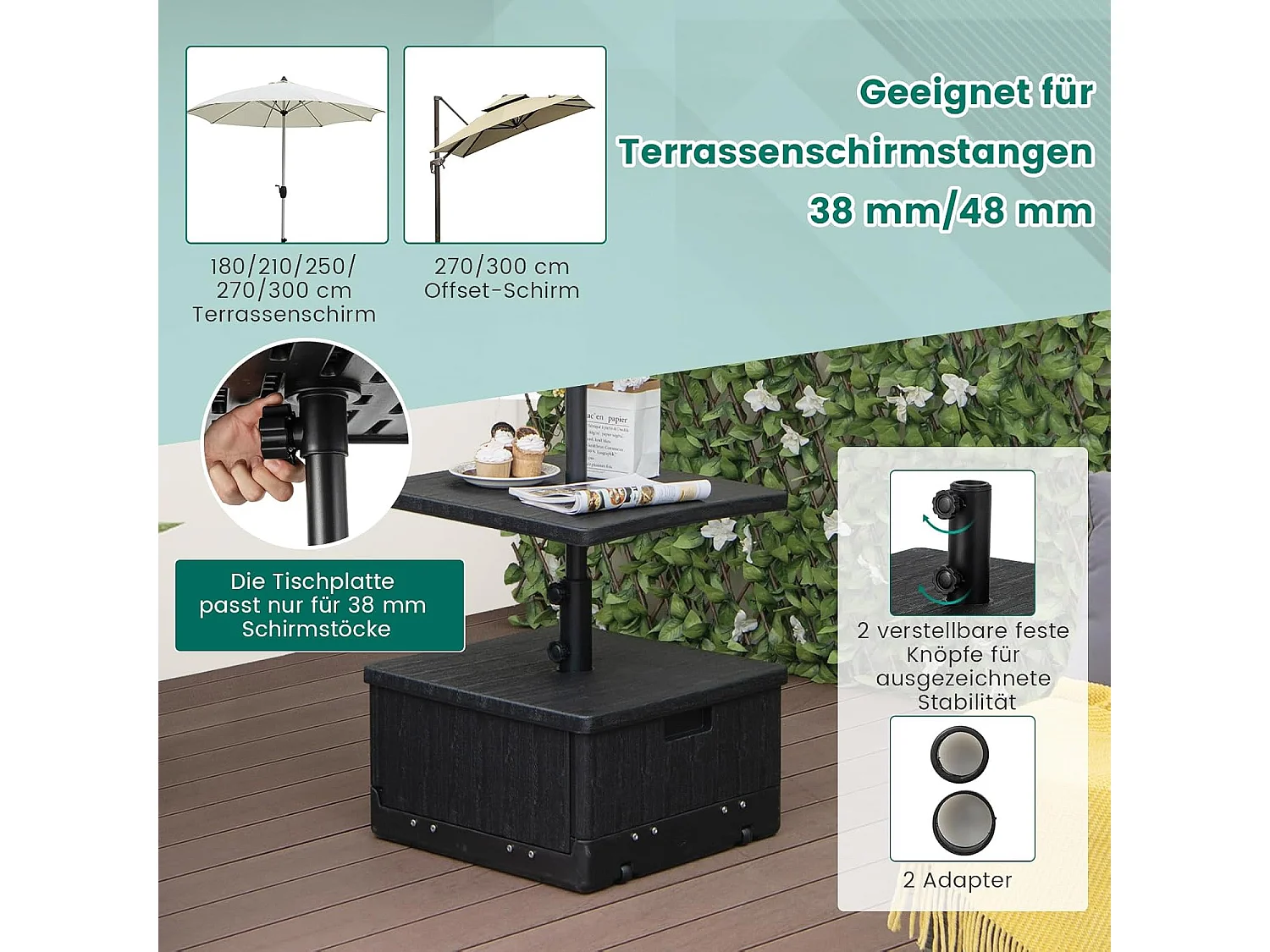 3-in-1 parasolstandaard, bijzettafel/plantenbak met tafelblad, wielen, handvat en verzwaarde tas, 45 liter/67 kg, vulbaar met water of zand, voor tuin, terras