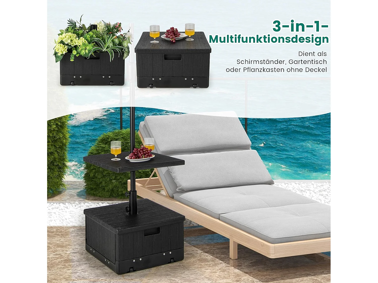 3-in-1 parasolstandaard, bijzettafel/plantenbak met tafelblad, wielen, handvat en verzwaarde tas, 45 liter/67 kg, vulbaar met water of zand, voor tuin, terras