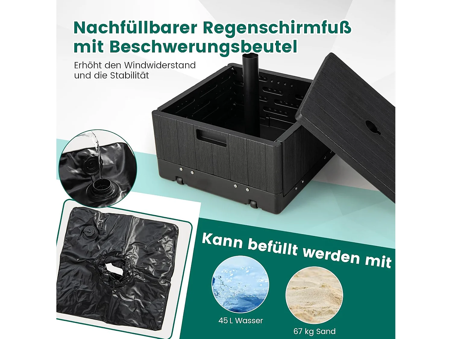 3-in-1 parasolstandaard, bijzettafel/plantenbak met tafelblad, wielen, handvat en verzwaarde tas, 45 liter/67 kg, vulbaar met water of zand, voor tuin, terras