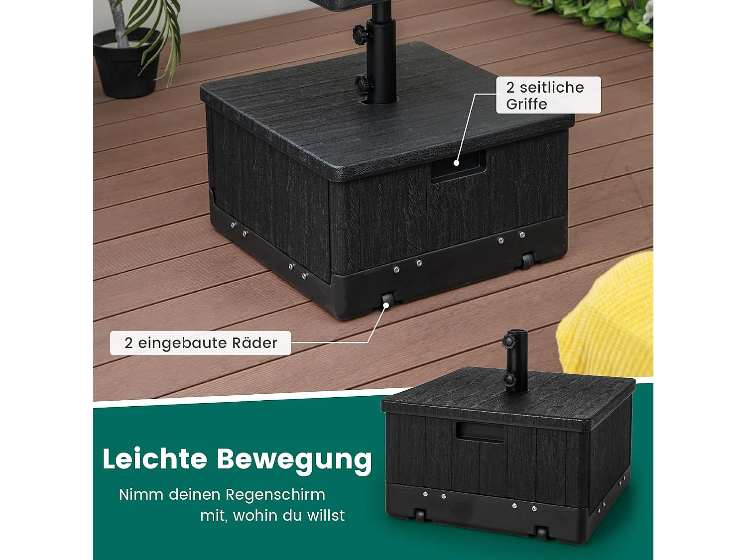 3-in-1 parasolstandaard, bijzettafel/plantenbak met tafelblad, wielen, handvat en verzwaarde tas, 45 liter/67 kg, vulbaar met water of zand, voor tuin, terras