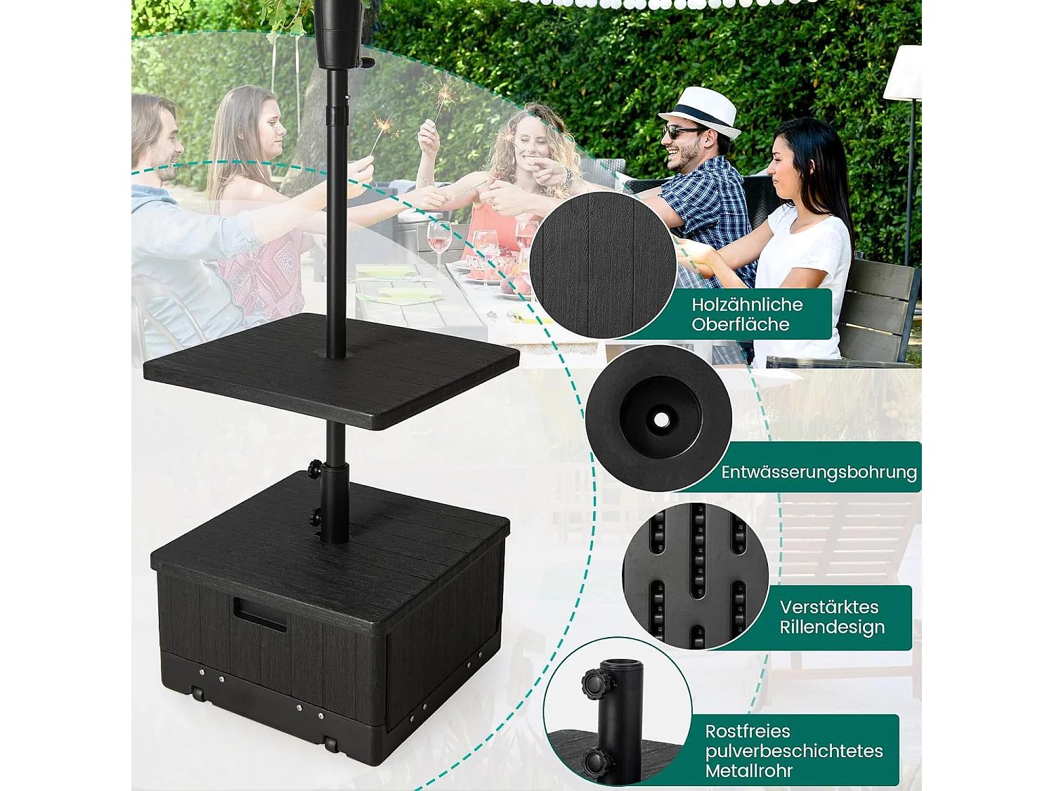 3-in-1 parasolstandaard, bijzettafel/plantenbak met tafelblad, wielen, handvat en verzwaarde tas, 45 liter/67 kg, vulbaar met water of zand, voor tuin, terras