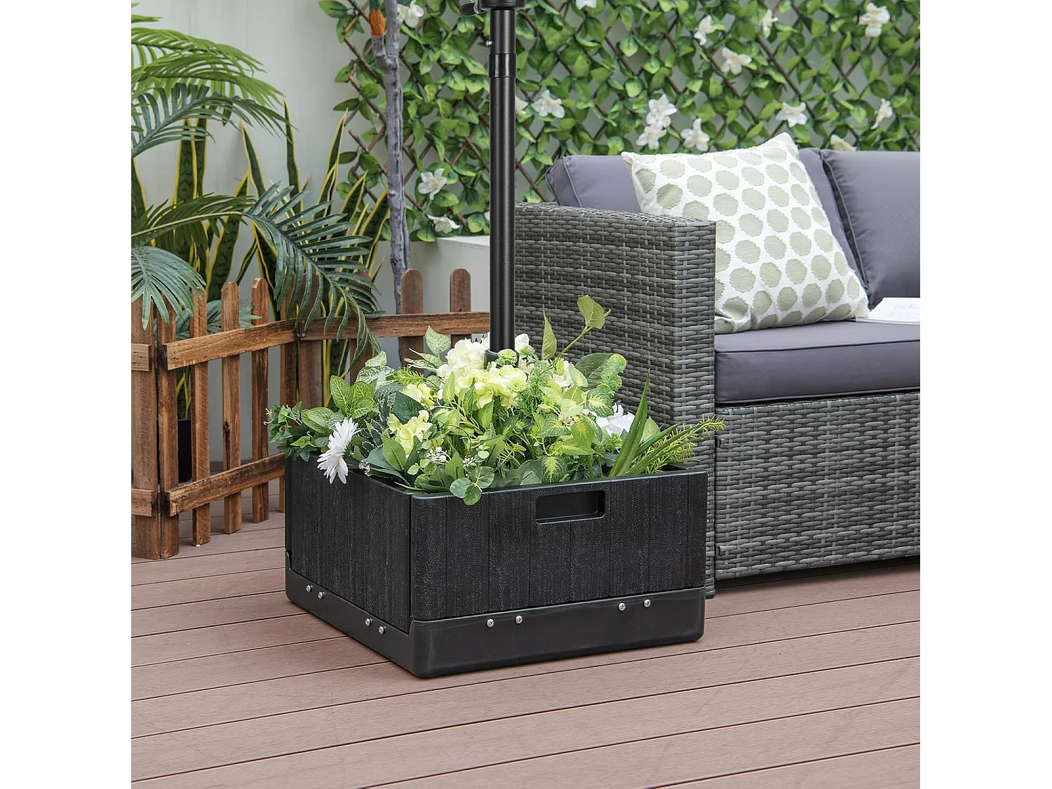 3-in-1 parasolstandaard, bijzettafel/plantenbak met tafelblad, wielen, handvat en verzwaarde tas, 45 liter/67 kg, vulbaar met water of zand, voor tuin, terras