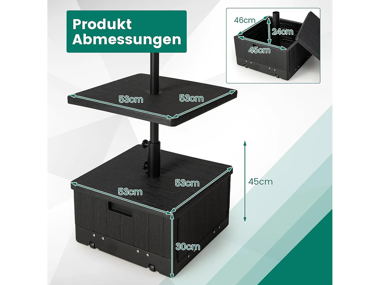 3-in-1 parasolstandaard, bijzettafel/plantenbak met tafelblad, wielen, handvat en verzwaarde tas, 45 liter/67 kg, vulbaar met water of zand, voor tuin, terras