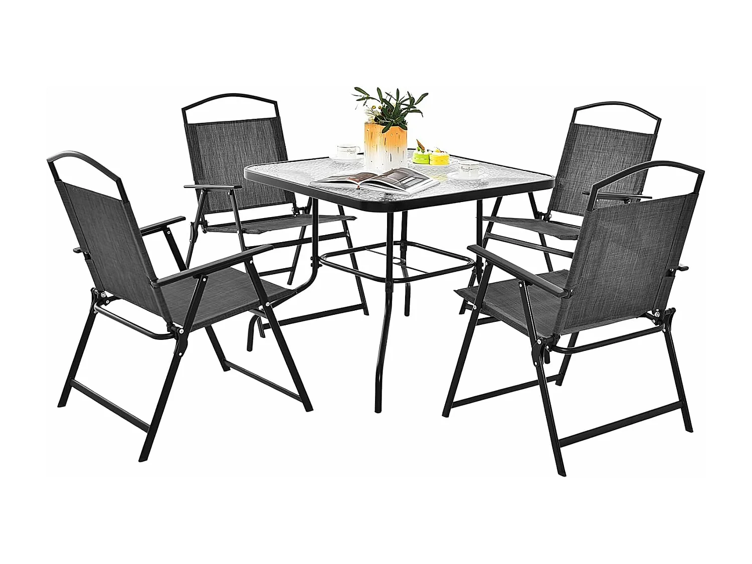 5-delige tuinmeubelset, terrasmeubelen incl. 4 klapstoelen, 1 tafel met parasolgat, tuingarnituur voor 4 personen, zitgroep, zitmeubelen ZB33436