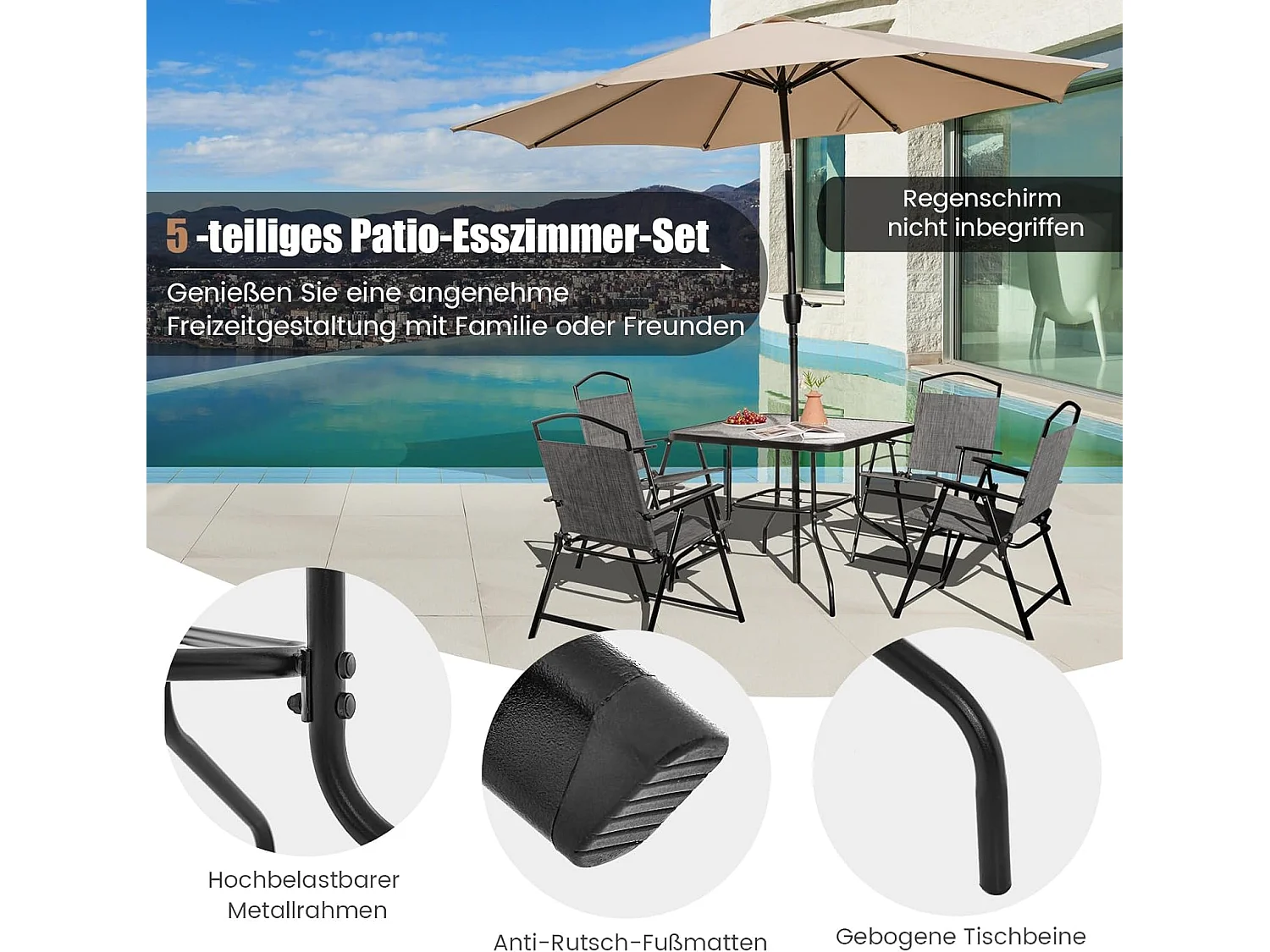 5-delige tuinmeubelset, terrasmeubelen incl. 4 klapstoelen, 1 tafel met parasolgat, tuingarnituur voor 4 personen, zitgroep, zitmeubelen ZB33436