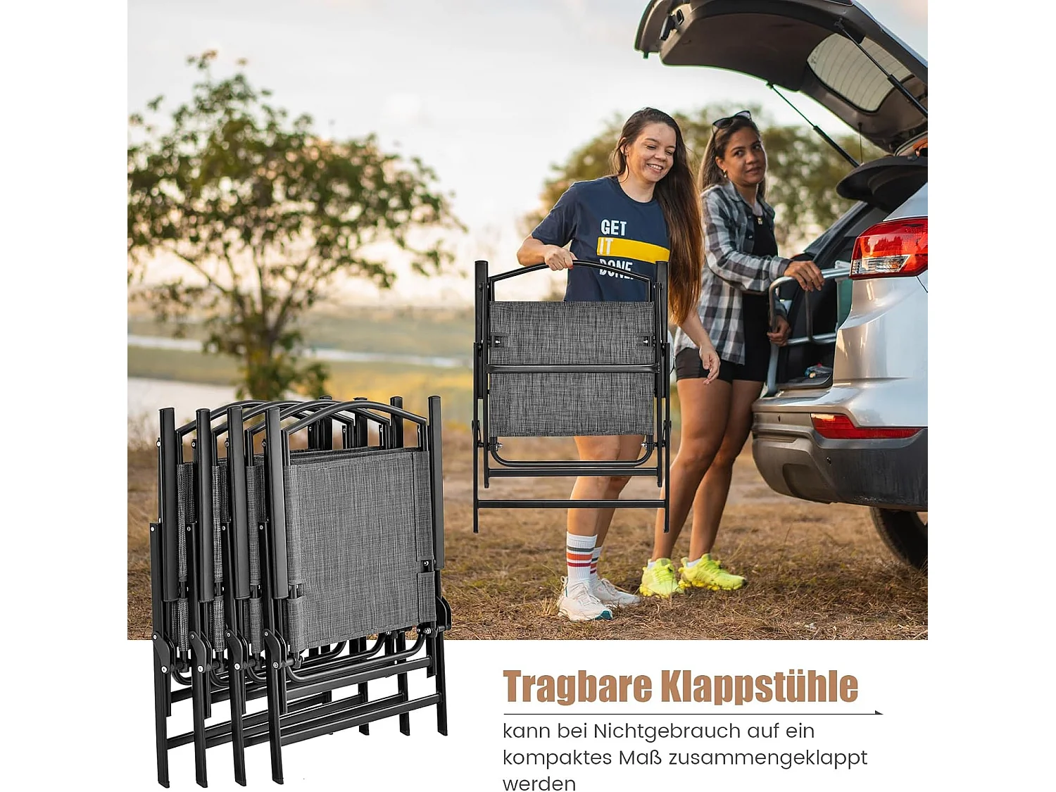 5-delige tuinmeubelset, terrasmeubelen incl. 4 klapstoelen, 1 tafel met parasolgat, tuingarnituur voor 4 personen, zitgroep, zitmeubelen ZB33436