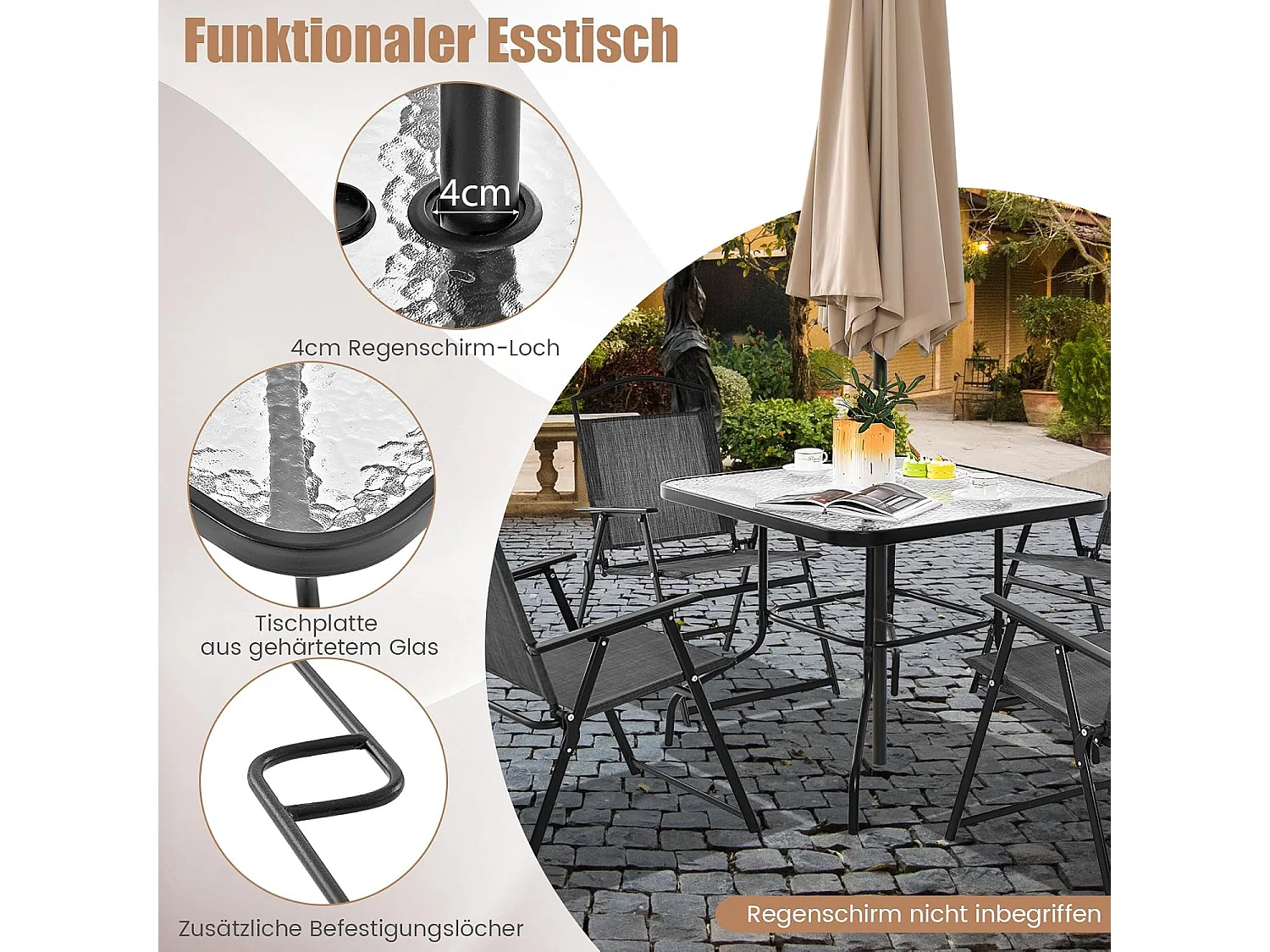 5-delige tuinmeubelset, terrasmeubelen incl. 4 klapstoelen, 1 tafel met parasolgat, tuingarnituur voor 4 personen, zitgroep, zitmeubelen ZB33436