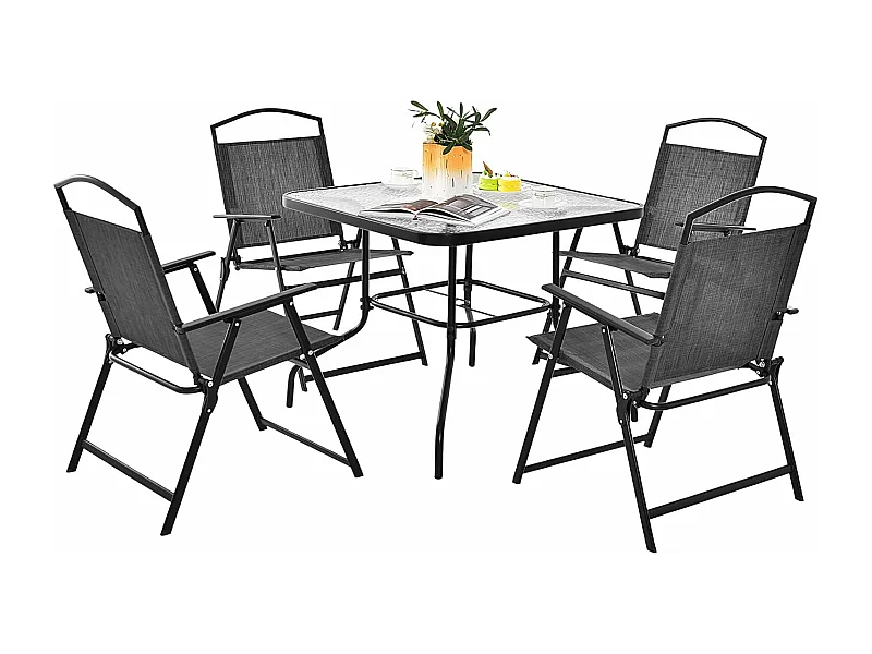 5-delige tuinmeubelset, terrasmeubelen incl. 4 klapstoelen, 1 tafel met parasolgat, tuingarnituur voor 4 personen, zitgroep, zitmeubelen ZB33436