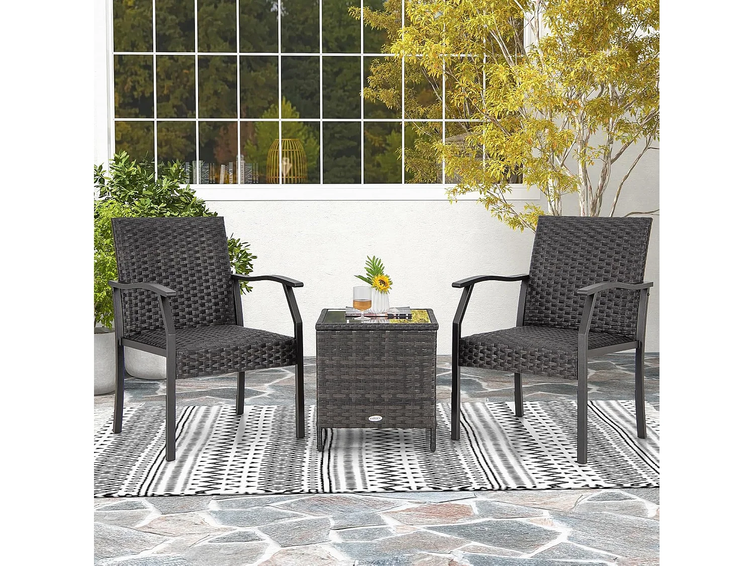 3-delige tuinmeubelset, rotan balkonset met 2 stoelen en tafel, balkonmeubels, rotan meubels voor klein balkon, terrasmeubels, zitgroep voor tuin, veranda