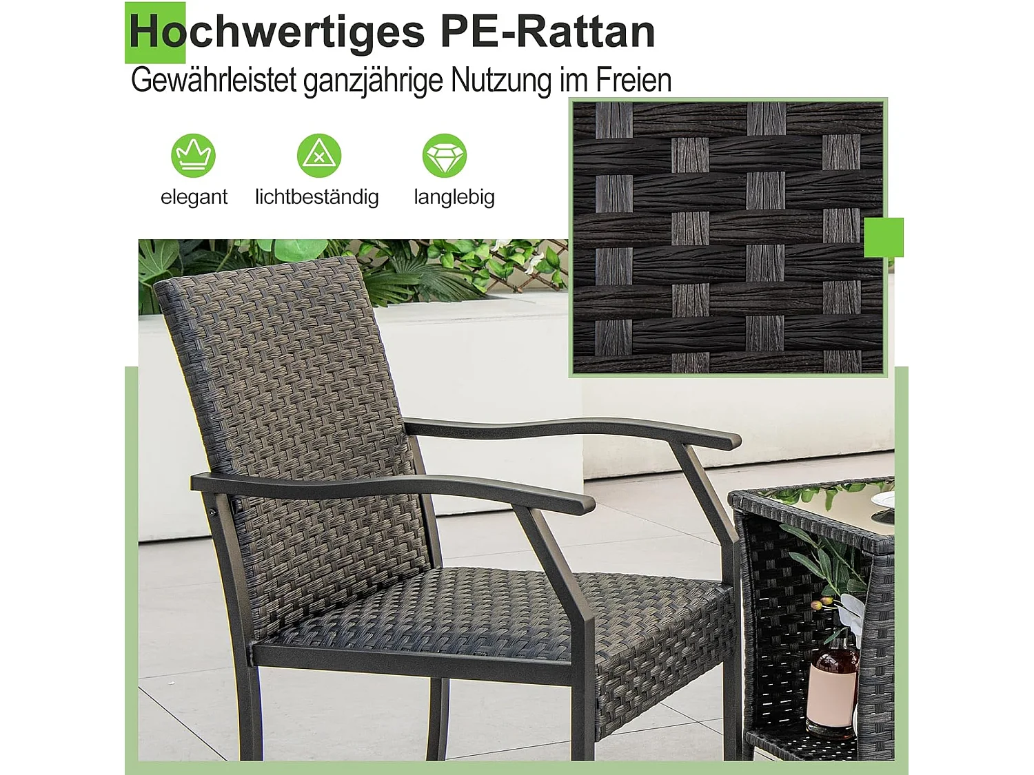 3-delige tuinmeubelset, rotan balkonset met 2 stoelen en tafel, balkonmeubels, rotan meubels voor klein balkon, terrasmeubels, zitgroep voor tuin, veranda