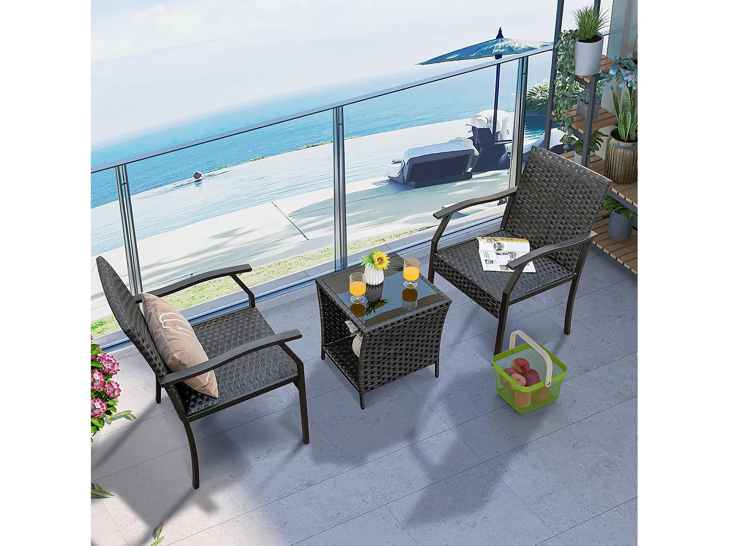 3-delige tuinmeubelset, rotan balkonset met 2 stoelen en tafel, balkonmeubels, rotan meubels voor klein balkon, terrasmeubels, zitgroep voor tuin, veranda