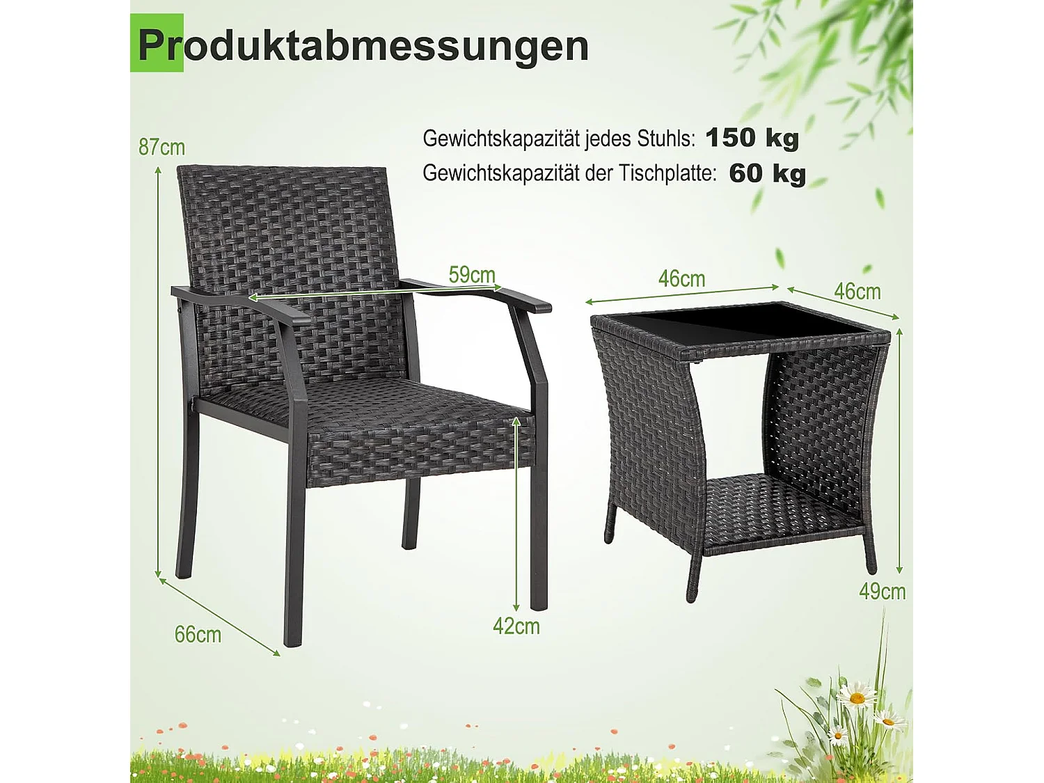 3-delige tuinmeubelset, rotan balkonset met 2 stoelen en tafel, balkonmeubels, rotan meubels voor klein balkon, terrasmeubels, zitgroep voor tuin, veranda