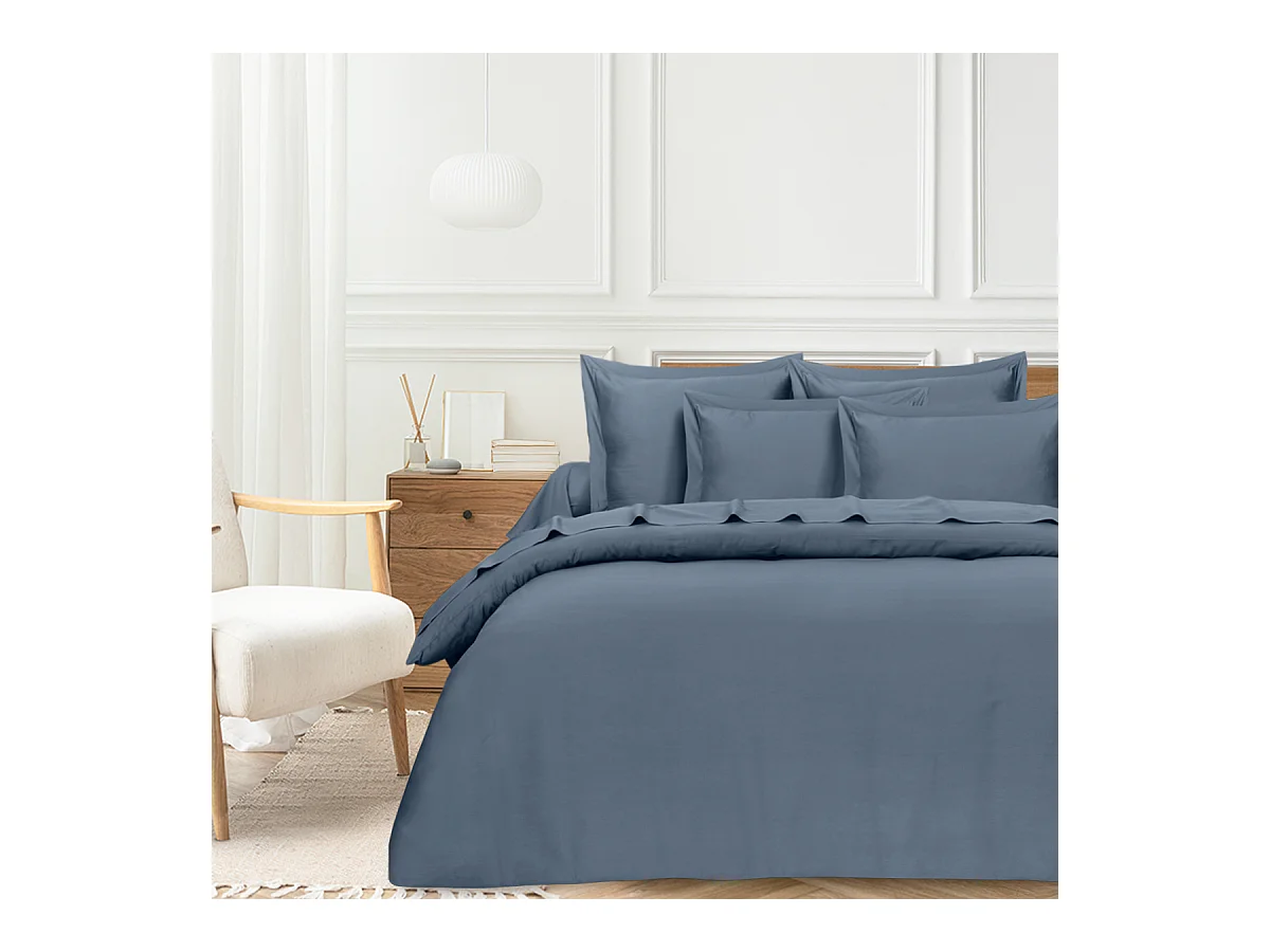 Parure de lit 1 personne 140x200 cm  satin de coton bleu
