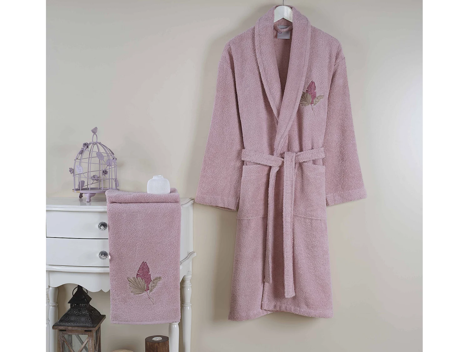 Juego de albornoz y toalla de rizo mujer 100% algodón
